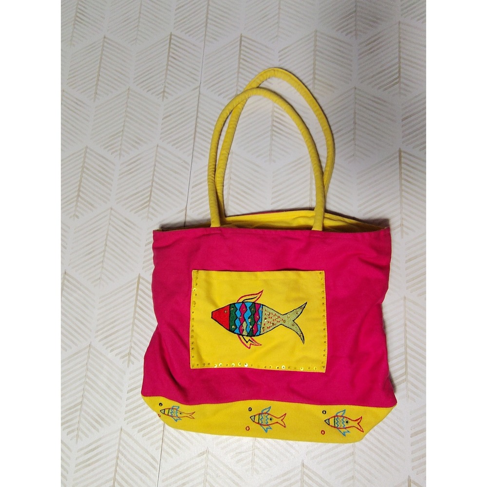 Pink Yellow Canvas Fish Embroidered Sequin Tote Bag Beach Shoulder Purse